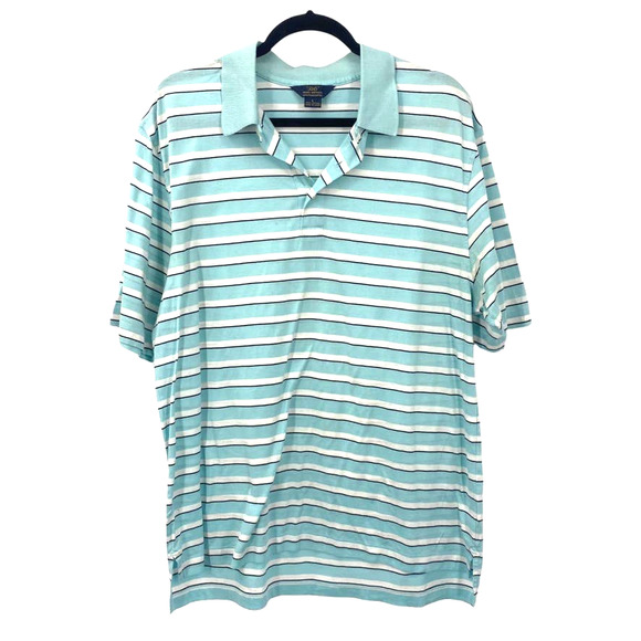 Brooks Brothers Polo Shirt 346 Mens L Blue White Striped 3 Button Short Sleeve - Picture 1 of 4